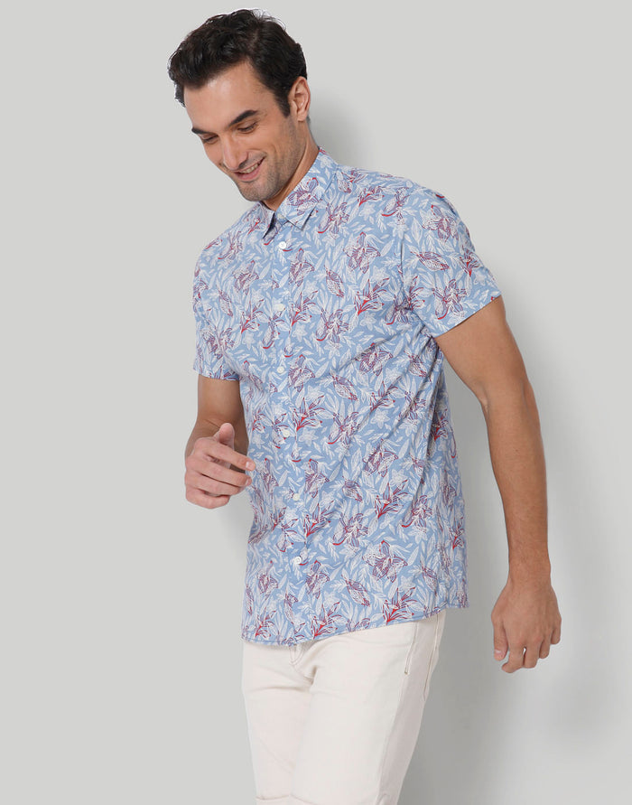 Blue Floral Print Short Sleeves Shirt