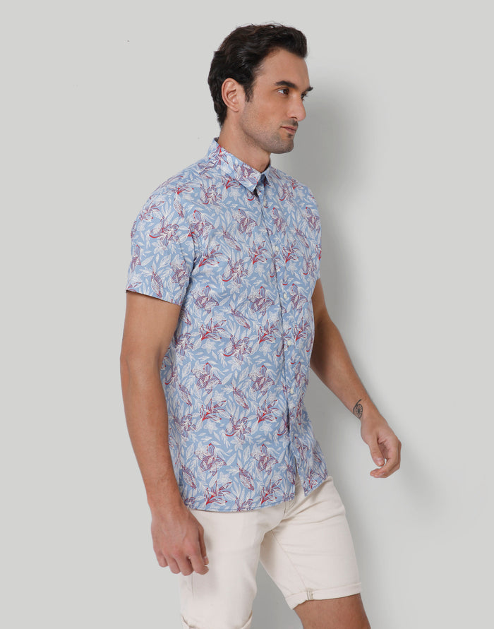 Blue Floral Print Short Sleeves Shirt