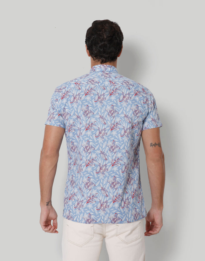Blue Floral Print Short Sleeves Shirt