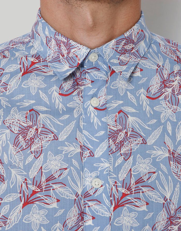 Blue Floral Print Short Sleeves Shirt