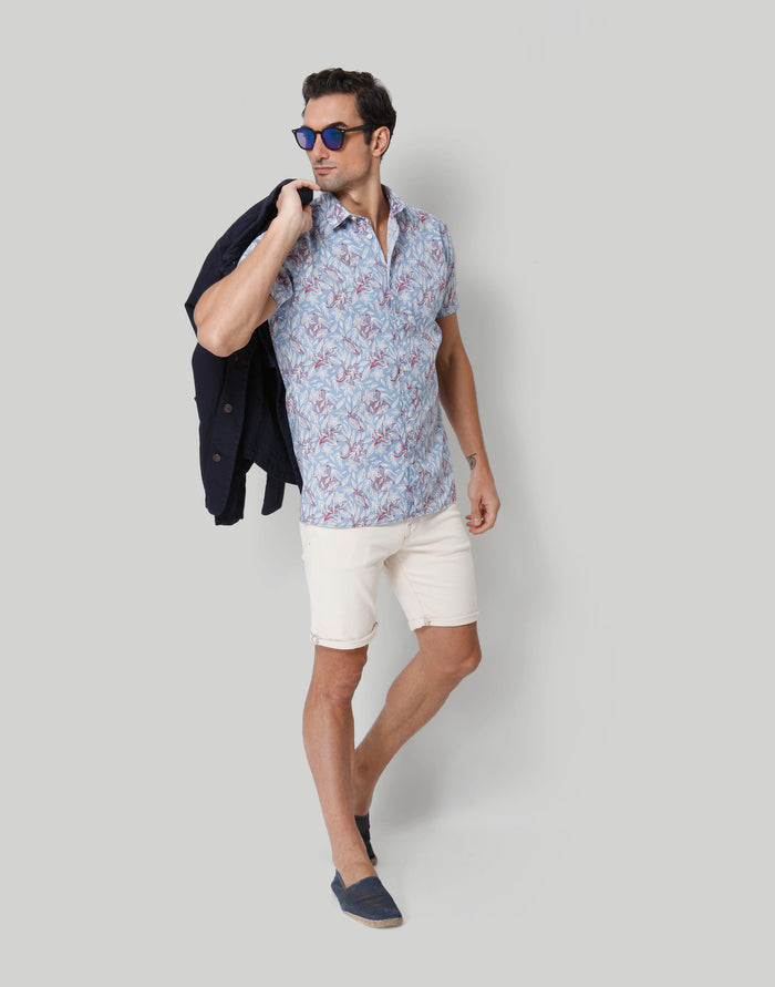Blue Floral Print Short Sleeves Shirt