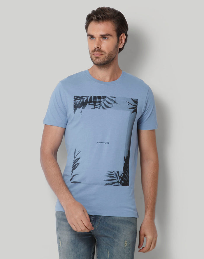 Blue Printed Crew Neck T-Shirt