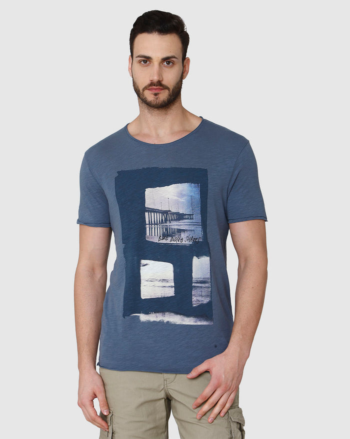 Blue Printed Crew Neck T-Shirt