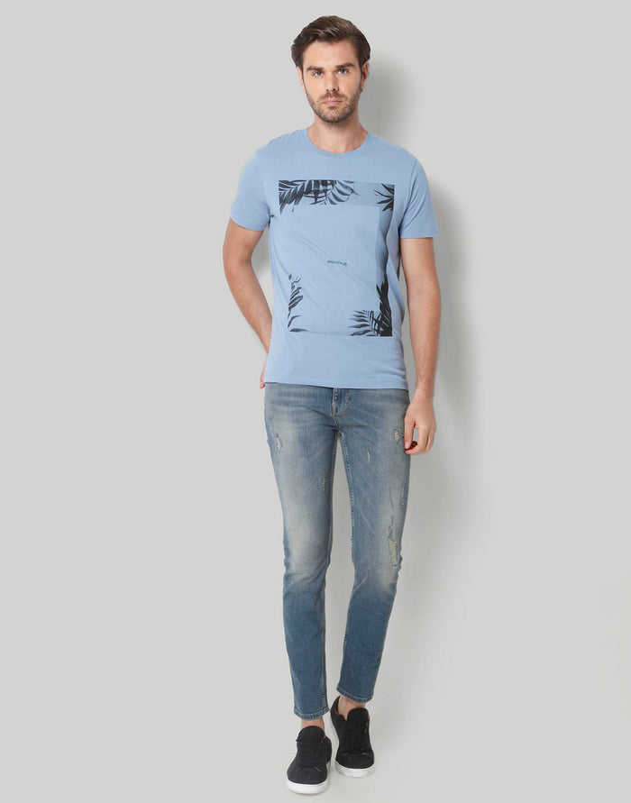 Blue Printed Crew Neck T-Shirt