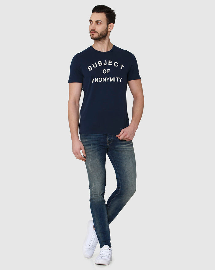 Blue Printed Crew Neck T-Shirt