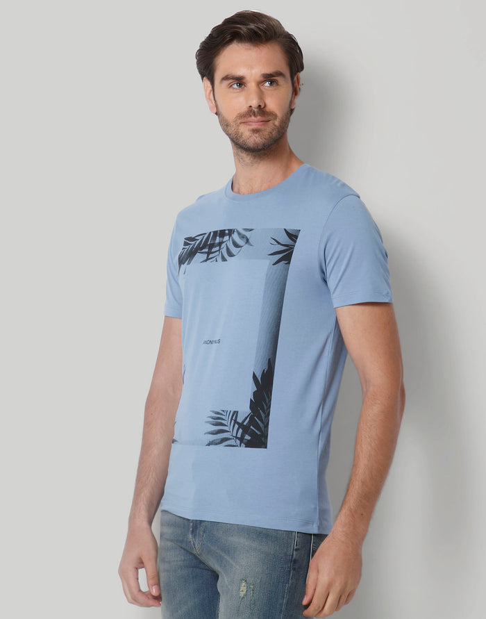 Blue Printed Crew Neck T-Shirt