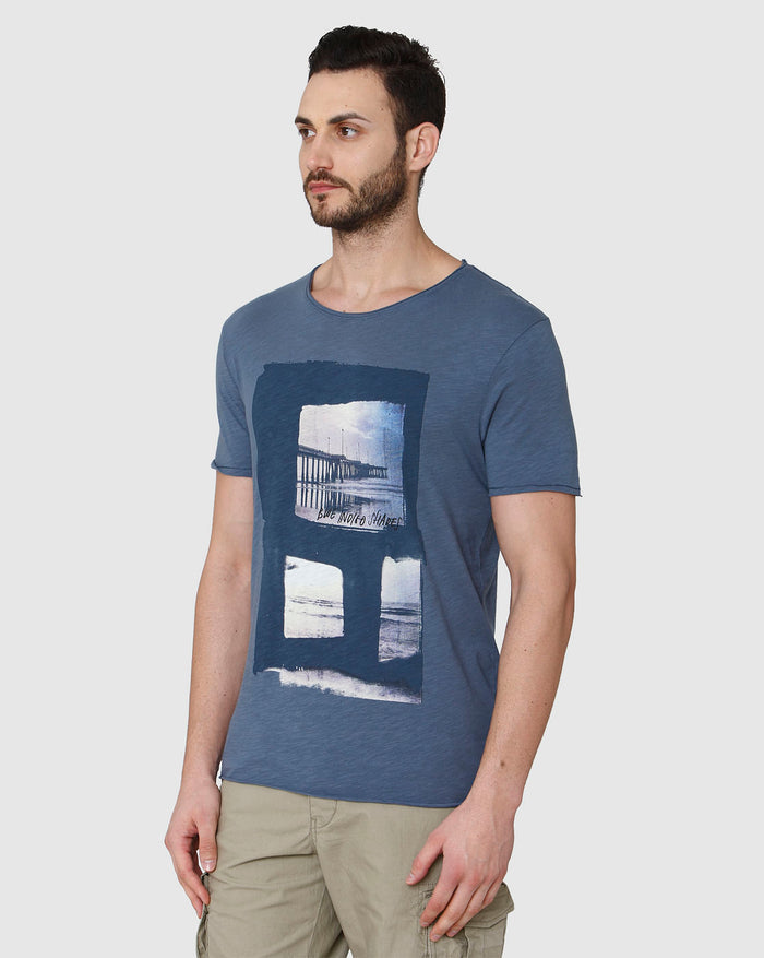 Blue Printed Crew Neck T-Shirt