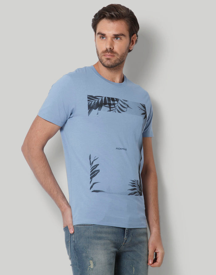 Blue Printed Crew Neck T-Shirt