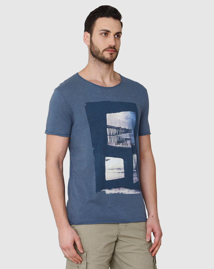 Blue Printed Crew Neck T-Shirt