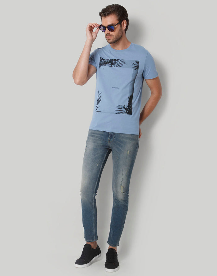 Blue Printed Crew Neck T-Shirt