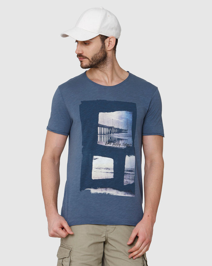 Blue Printed Crew Neck T-Shirt