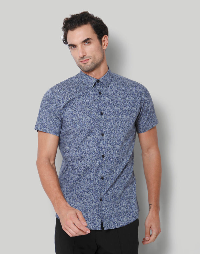 Blue Printed Short Sleeves Shirt