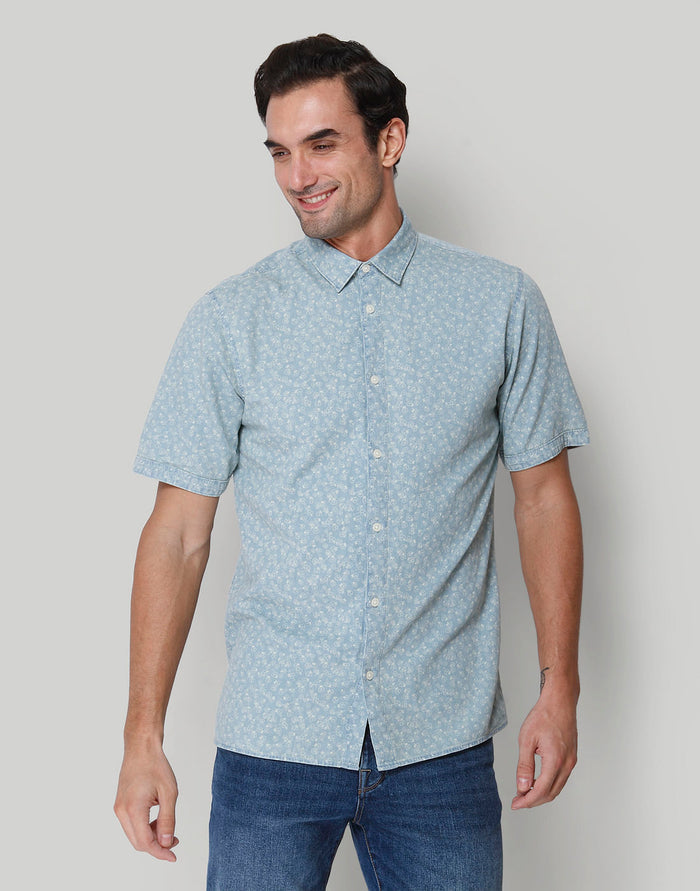 Blue Printed Short Sleeves Shirt