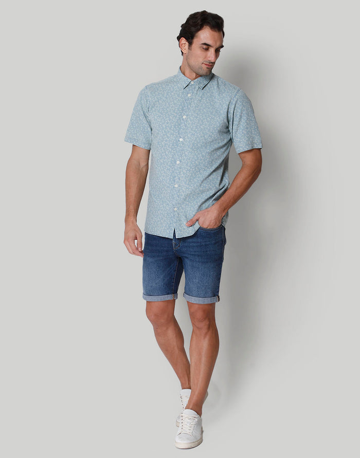 Blue Printed Short Sleeves Shirt
