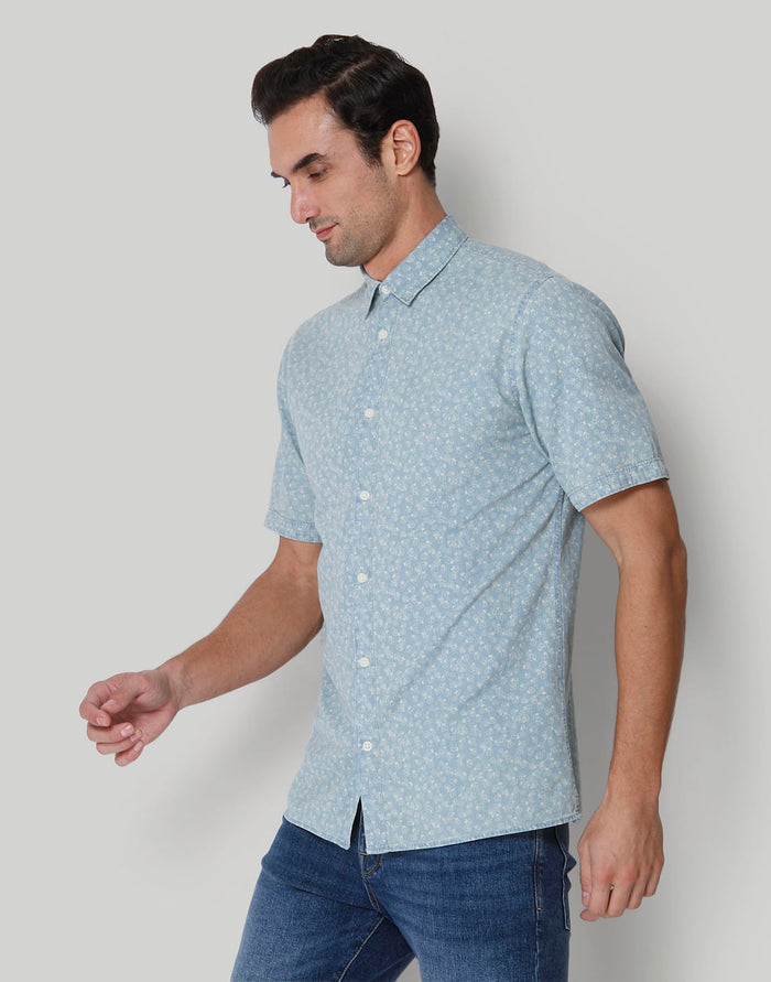 Blue Printed Short Sleeves Shirt