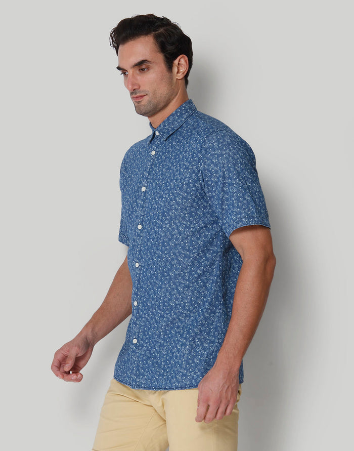 Blue Printed Short Sleeves Shirt