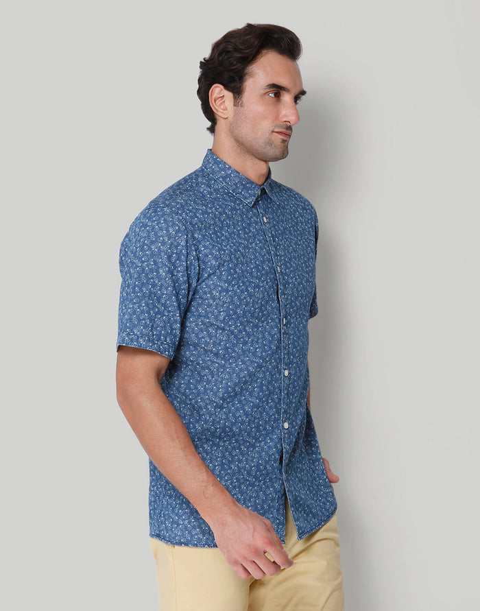Blue Printed Short Sleeves Shirt