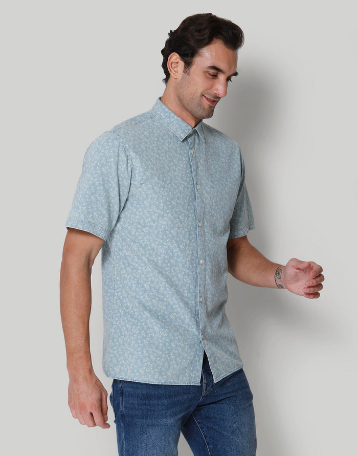 Blue Printed Short Sleeves Shirt