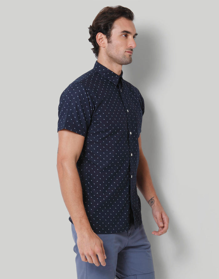 Blue Printed Short Sleeves Shirt