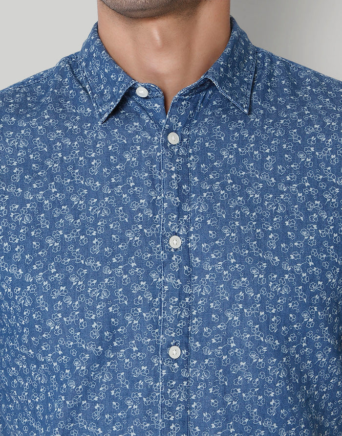 Blue Printed Short Sleeves Shirt