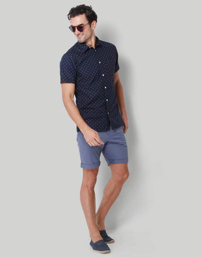 Blue Printed Short Sleeves Shirt