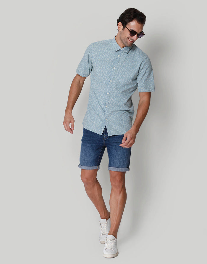 Blue Printed Short Sleeves Shirt