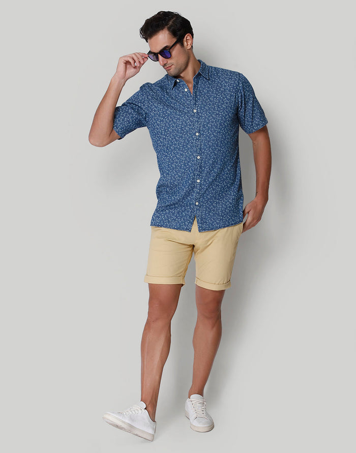 Blue Printed Short Sleeves Shirt