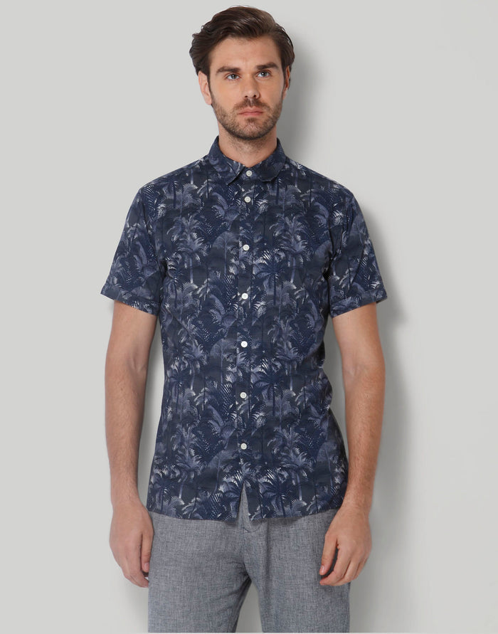 Blue Tropical Print Short Sleeves Shirt