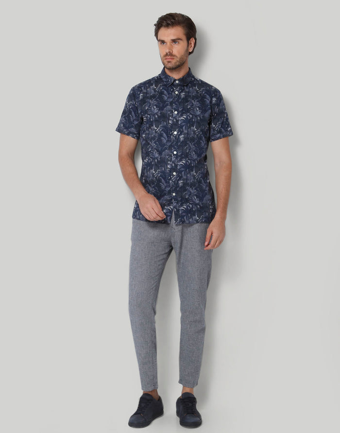 Blue Tropical Print Short Sleeves Shirt