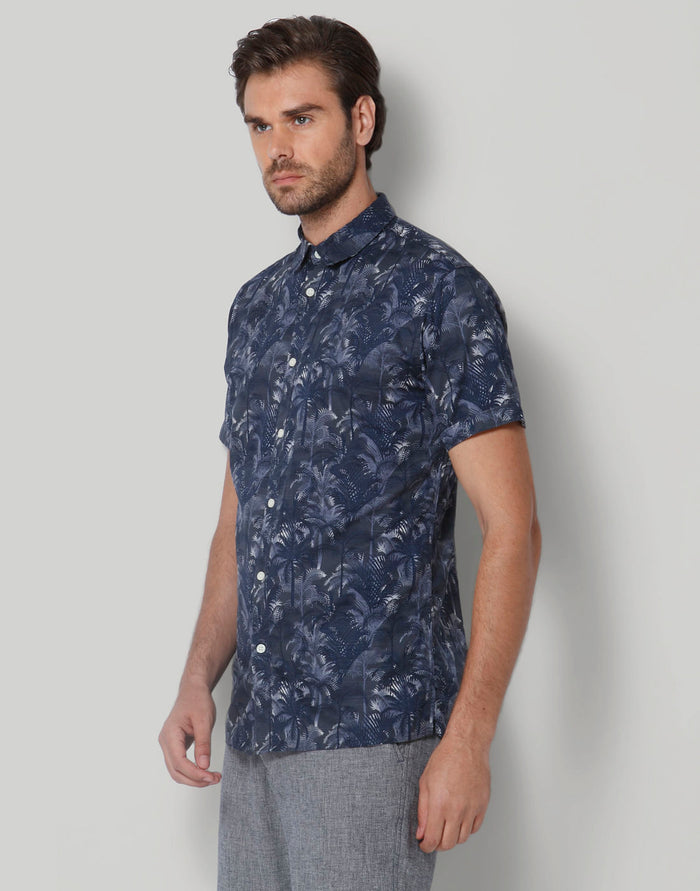 Blue Tropical Print Short Sleeves Shirt