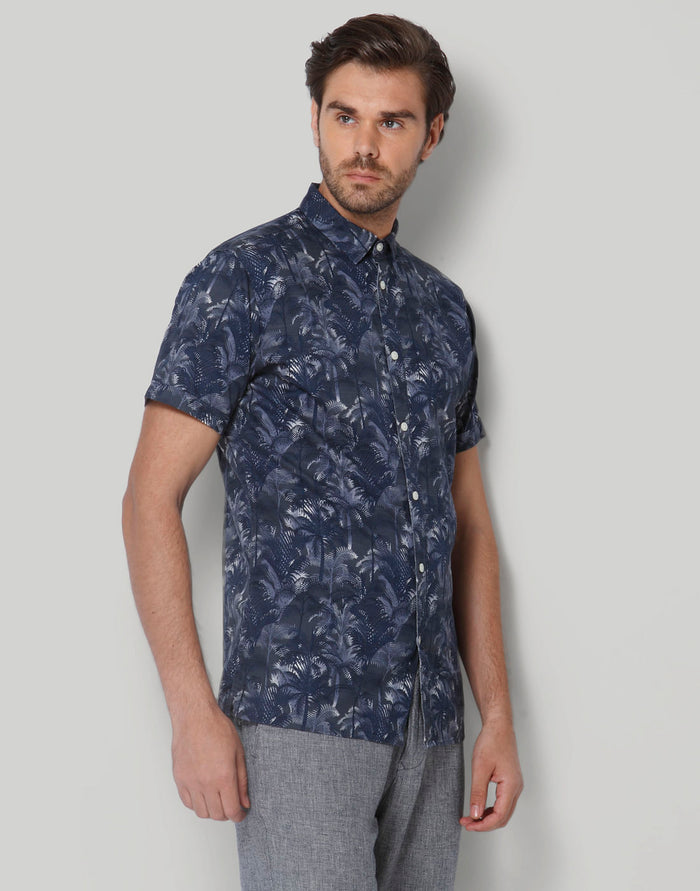 Blue Tropical Print Short Sleeves Shirt