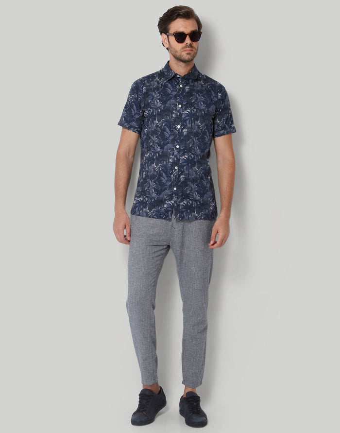 Blue Tropical Print Short Sleeves Shirt