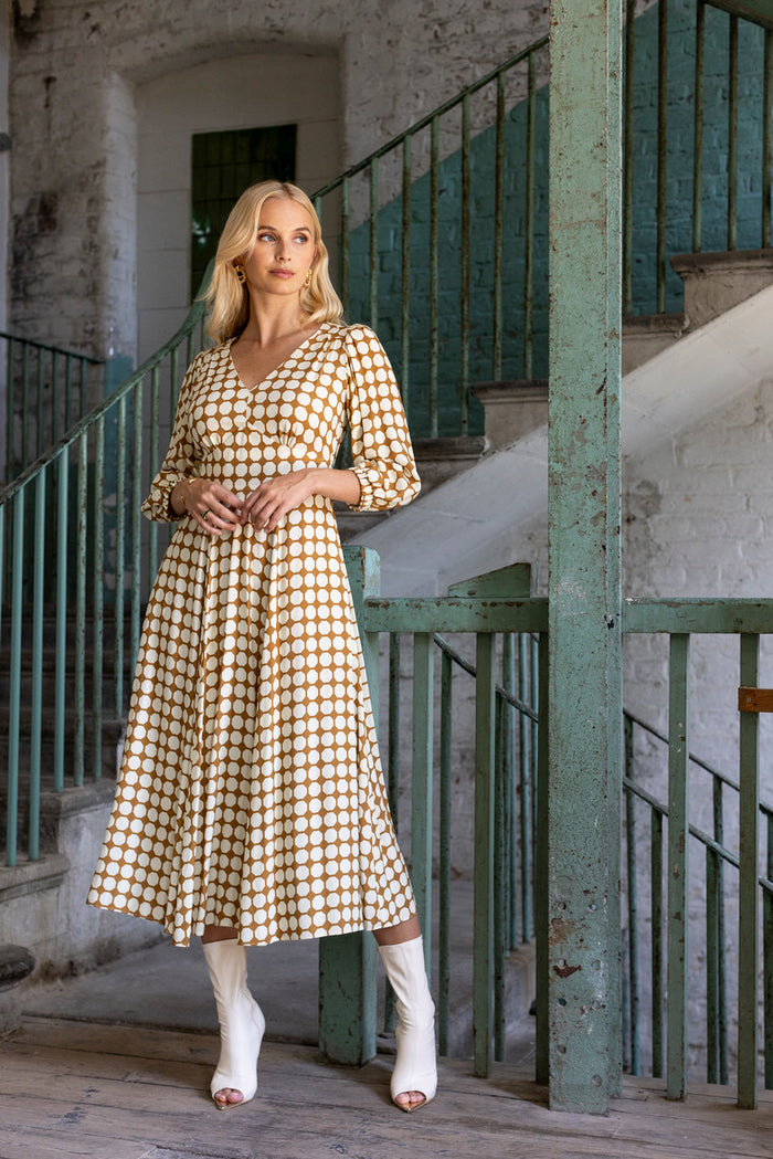 Bonnie Full Skirt Wrap Dress (Brown)