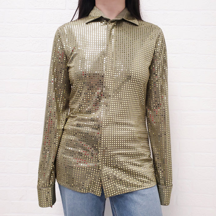 BOTTEGA VENETA GREEN SATIN SEQUIN BLOUSE - SIZE 38