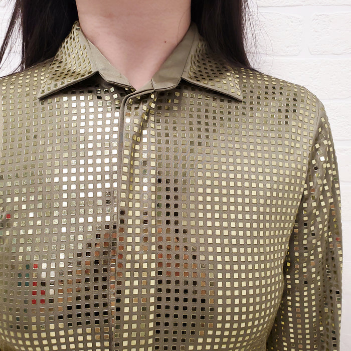 BOTTEGA VENETA GREEN SATIN SEQUIN BLOUSE - SIZE 38