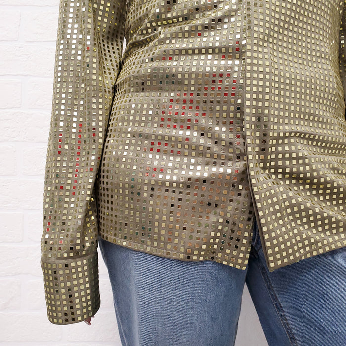 BOTTEGA VENETA GREEN SATIN SEQUIN BLOUSE - SIZE 38