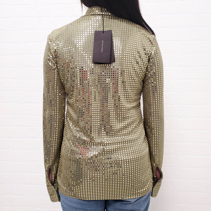 BOTTEGA VENETA GREEN SATIN SEQUIN BLOUSE - SIZE 38