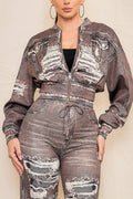 Style the Brown Denim Effect Zip-Up Jacket exclusively at Born To Glam