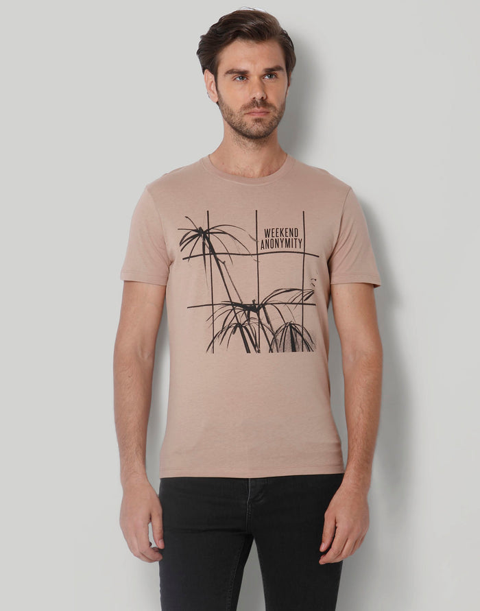 Brown Printed Crew Neck T-Shirt