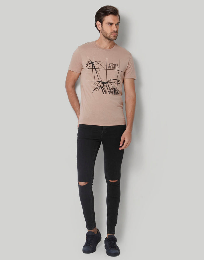 Brown Printed Crew Neck T-Shirt