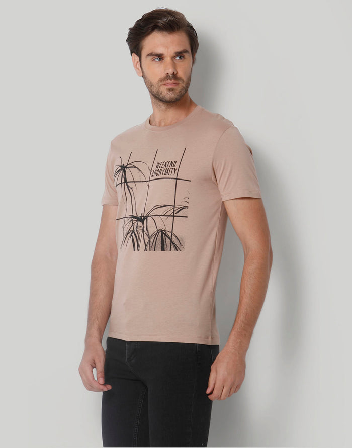 Brown Printed Crew Neck T-Shirt