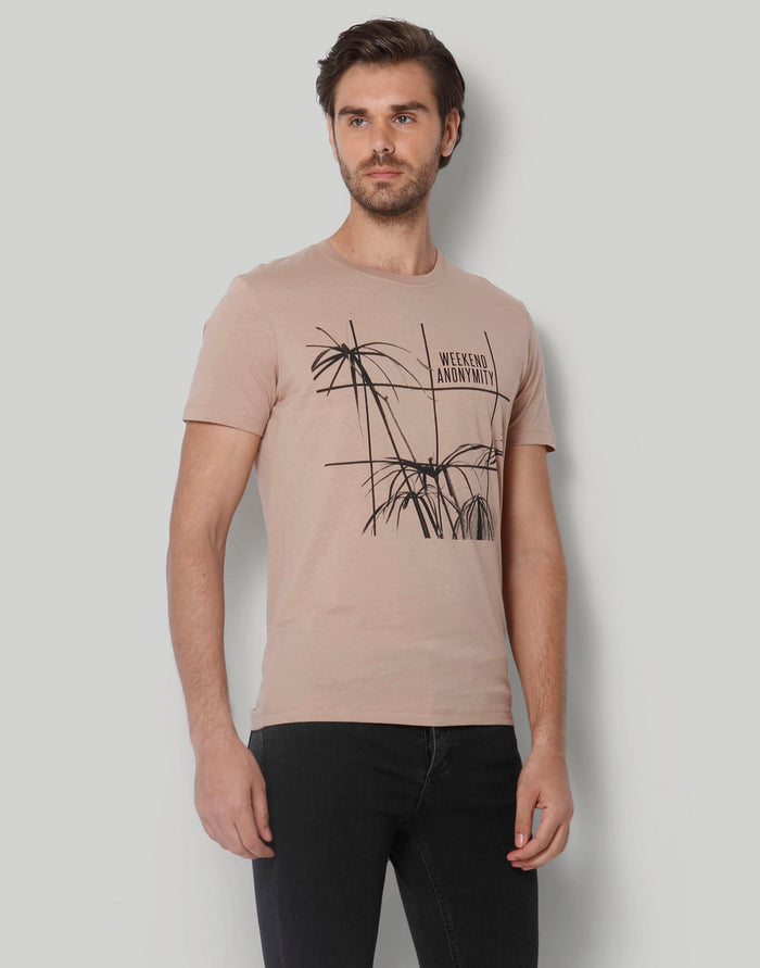 Brown Printed Crew Neck T-Shirt