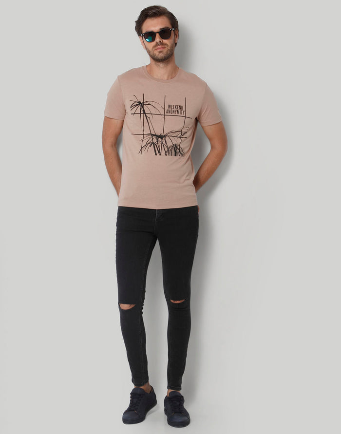 Brown Printed Crew Neck T-Shirt