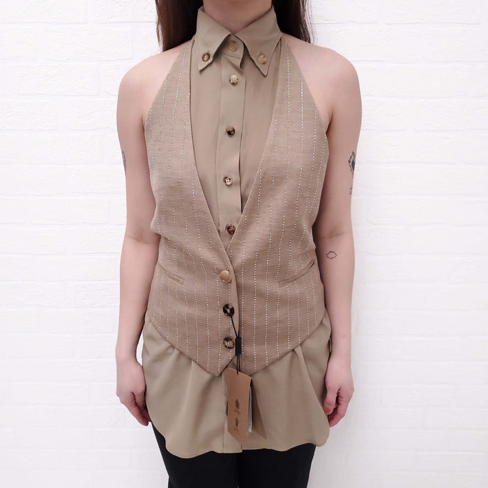 BURBERRY COTTON AND SILK SLEEVELESS BLOUSE WITH CRYSTAL VEST - SIZE 2