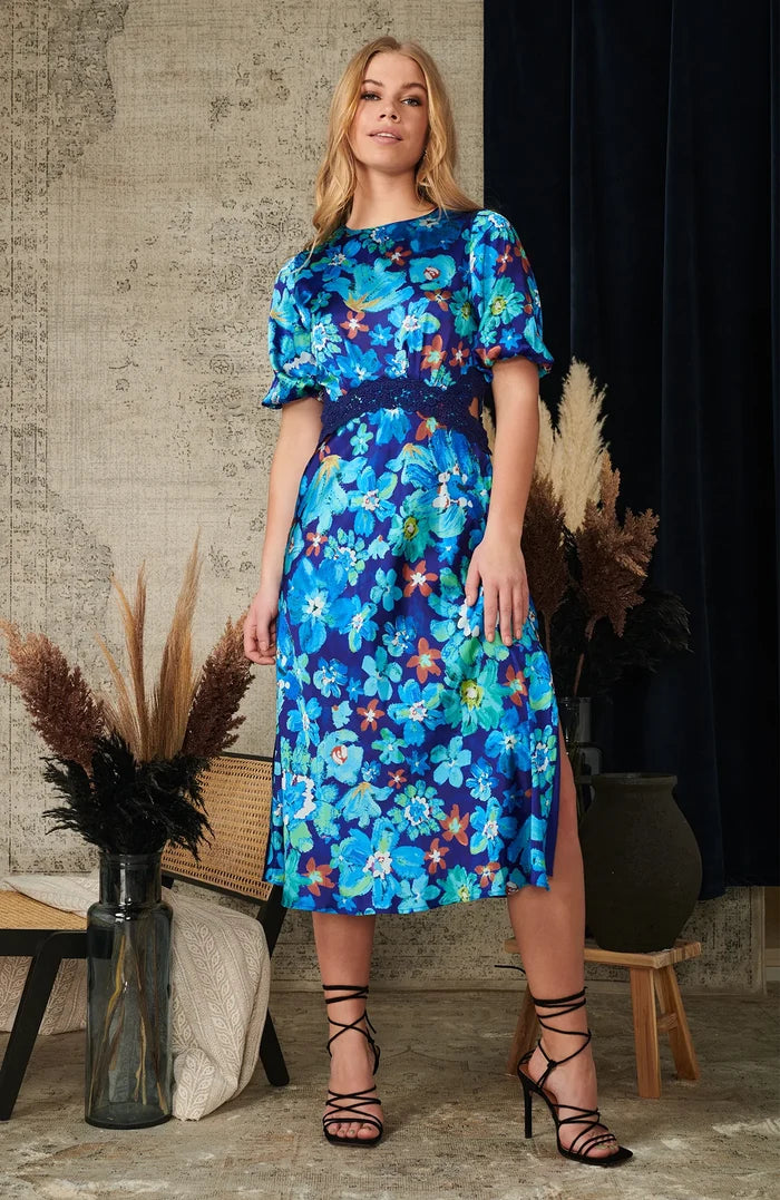 Cadie Floral Tea Dress (Blue)