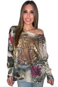 Lightweight waffle knit sweater with camo animal print, a tiger face graphic, floral overlays, and metallic gold brushstroke details.