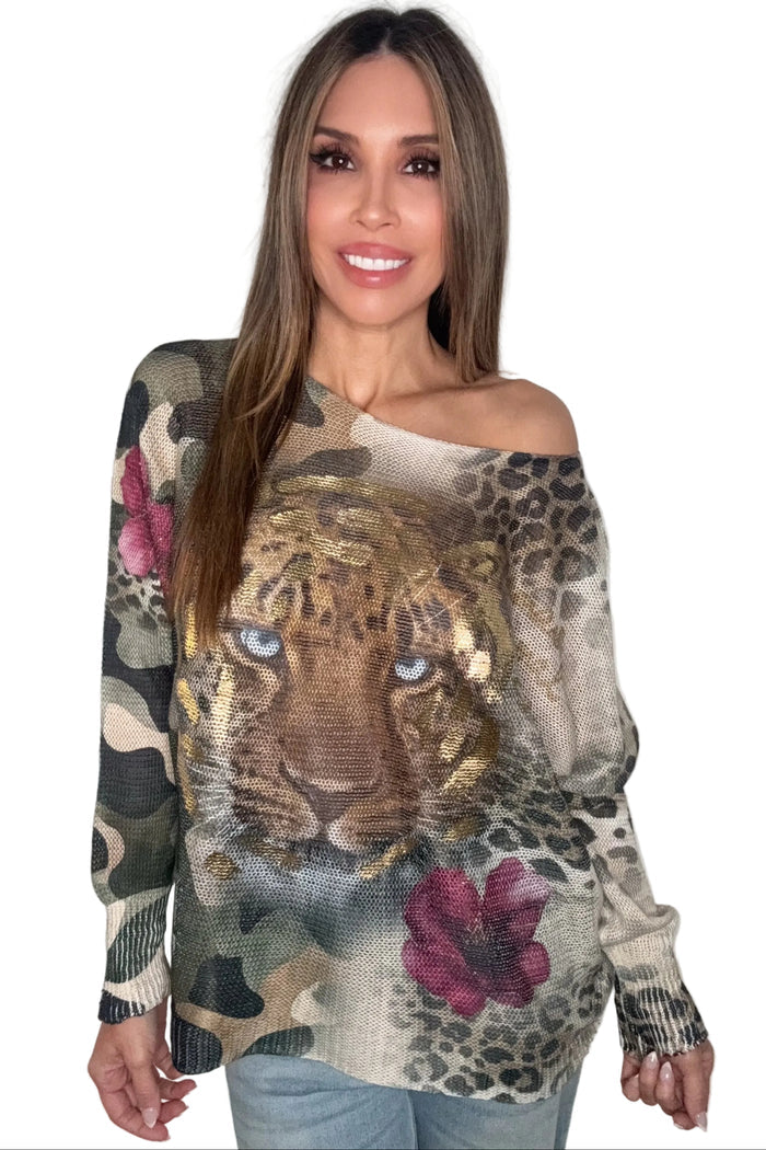 Lightweight waffle knit sweater with camo animal print, a tiger face graphic, floral overlays, and metallic gold brushstroke details.