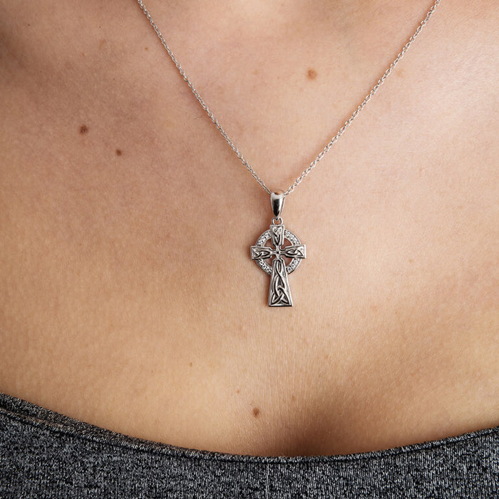 Celtic Stone Set Trinity Knot Silver Cross