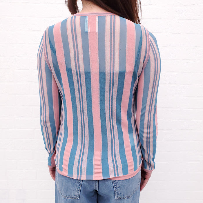 CHANEL BLUE AND PINK STRIPE CARDIGAN - SIZE 36