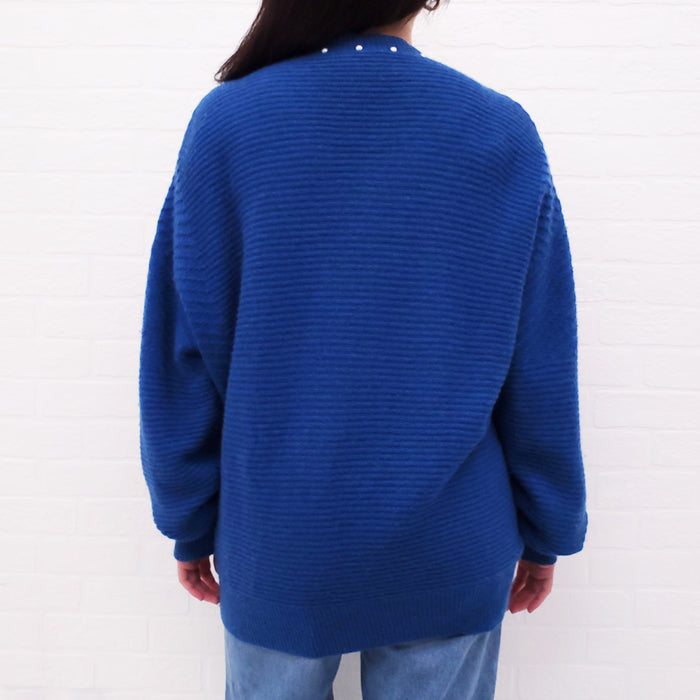 CHANEL BLUE CARDIGAN WITH PEARL DETAIL - SIZE 38